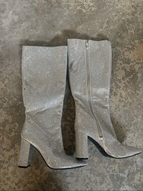 Mix No. 6 Silver Rhinestone Mid-Calf Block Heel Boots